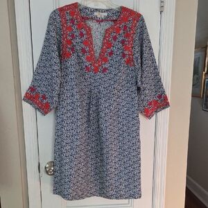 Boden Blue and Red Embroidered Tunic Dress